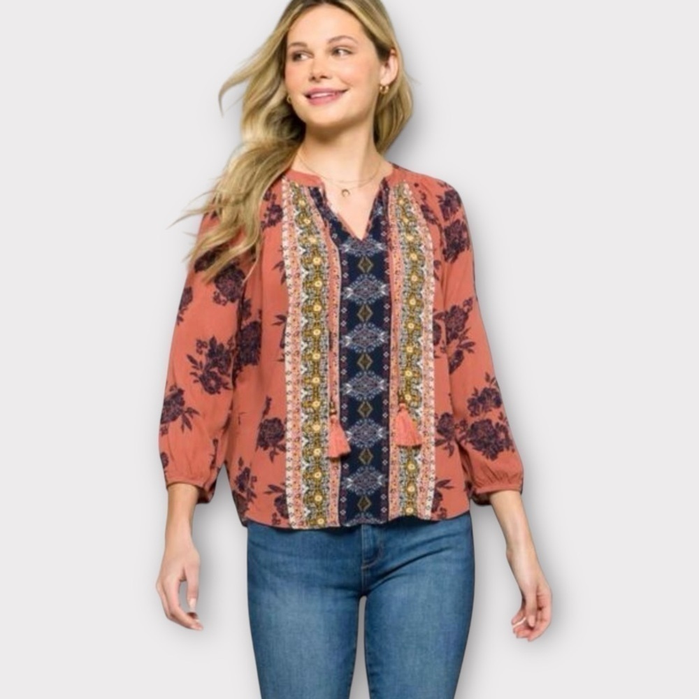 Mason & Belle Caseey Tassel Detail Top Coral Mixed Print NWT